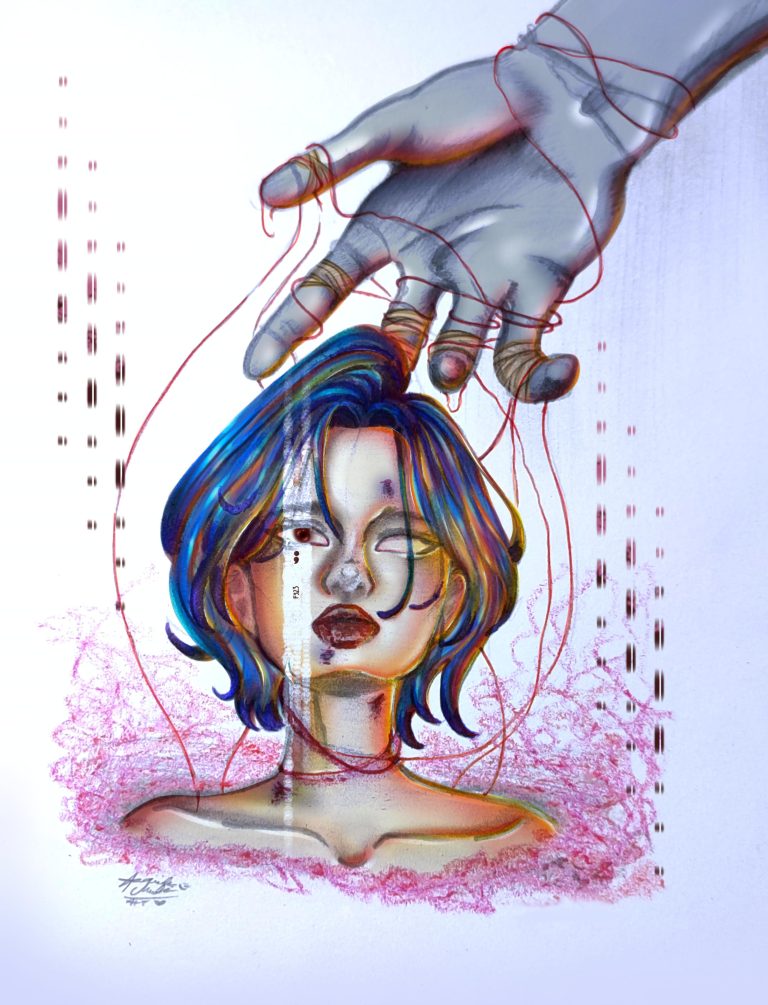 Title: “Tatkala Atma yang Mati Berada Di Antara Secercah Cahaya” (Gambar yang mencangkup seorang perempuan dengan tangan besar di belakangnya yang menjerat – puppet/marionette)